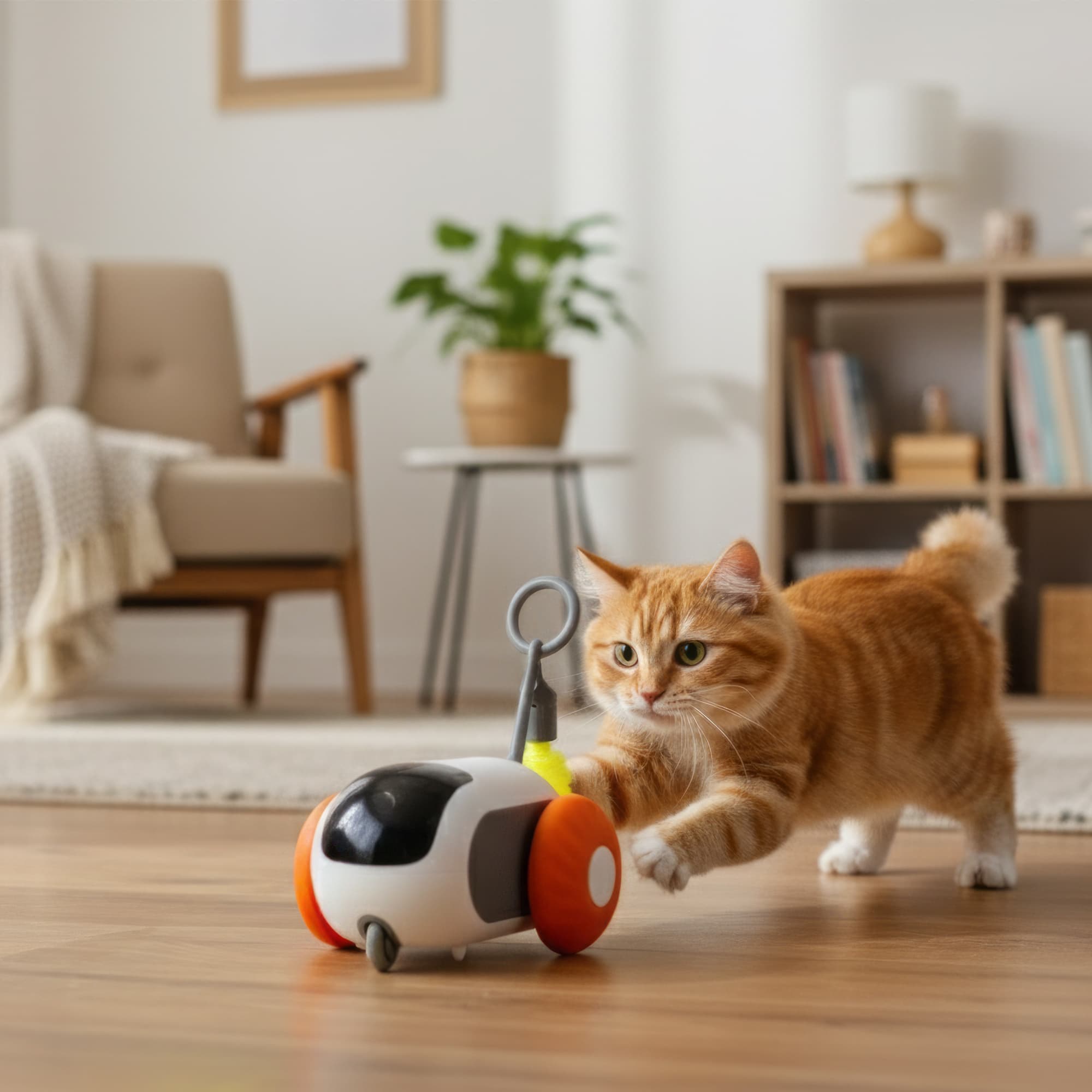 Akıllı robot oyuncakla oynayan kedi